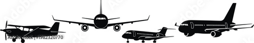 Airplane silhouette icons set, aviation aircraft symbols, commercial jet private plane vector design, flight travel illustration graphic
