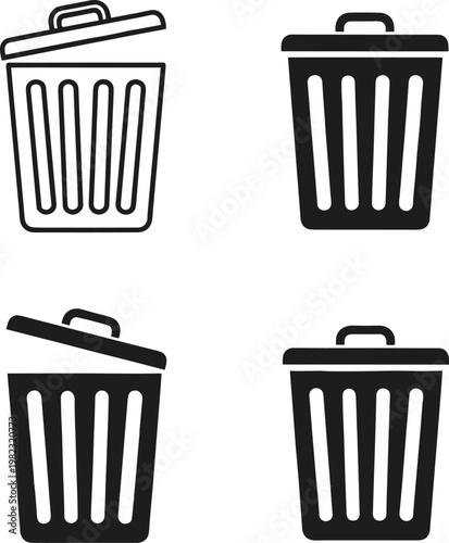 Trash can icons set, delete discard symbol, open closed lid variations, digital interface vector design, waste bin illustration