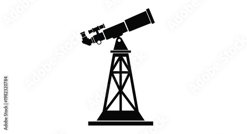 A simple black silhouette depicts a refracting telescope mounted on a sturdy tripod high quality professional