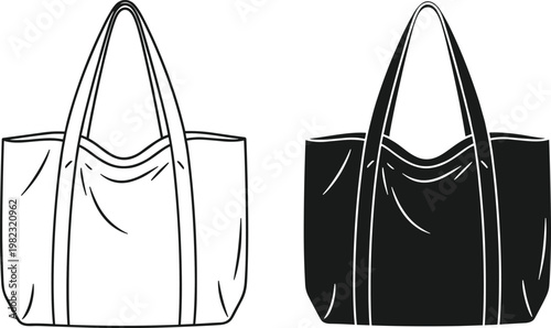Tote bag icons set, black and white outline design, reusable shopping eco friendly fabric bag illustration, minimal vector style