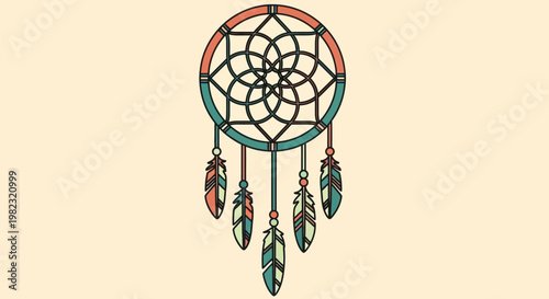 Colorful Dreamcatcher with Hanging Feathers Illustration.