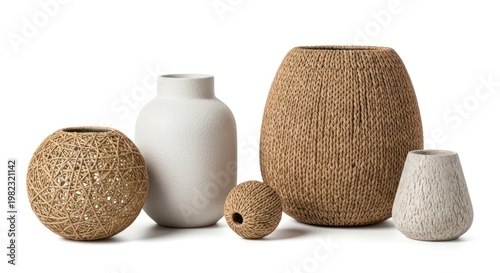 Artful Still Life of Woven Fiber and Textured Ceramic Vases in Earthy Tones