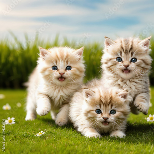 Group of adorable kittens running playfully on green grass outdoors