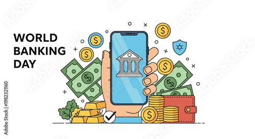 World banking day celebration featuring hand holding smartphone for mobile finance near cash gold bars and overflowing wallet.