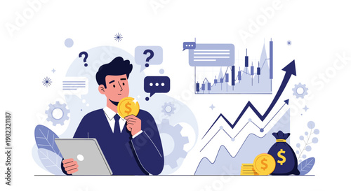 Successful businessman analyzing stock market trends on laptop while holding gold coin to represent financial growth and wealth.