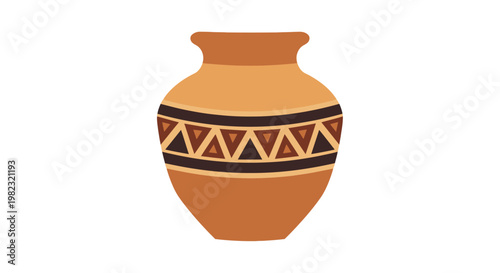 Decorative terracotta ceramic vase with ethnic tribal geometric pattern.