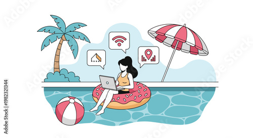 Remote work concept with woman using laptop on donut floatie in pool while traveling and staying connected through internet.