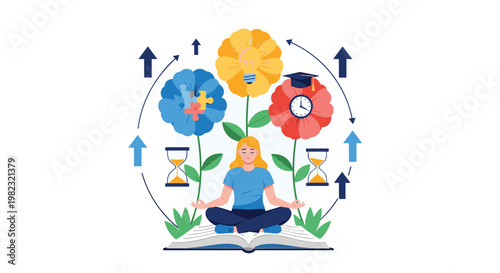 Mindful woman meditating on open book with floral symbols of creativity time management and puzzle solving for personal growth.