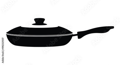 A black and white silhouette depicts a frying pan with a lid and long handle