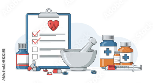 Healthcare and pharmacy still life with medical checklist heart symbol mortar and pestle pill bottles and syringes for treatment.