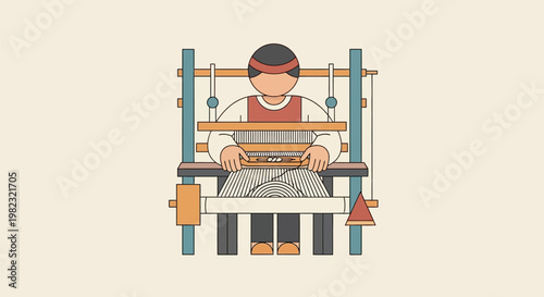 Illustration of a traditional weaver working on a hand loom.