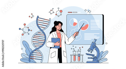Expert scientist presenting biological data on digital screen while using dna model and microscope in modern research facility.