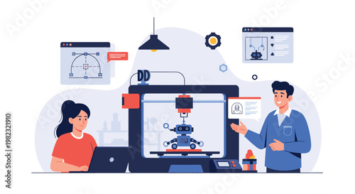Innovative engineers using large three dimensional printer to manufacture small robot while analyzing designs on laptop screen.