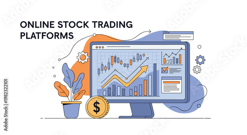 Online stock trading platform interface shown on computer monitor with financial charts gears and gold coins for investment.