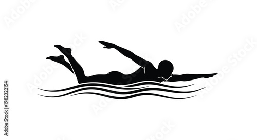 A black silhouette of a swimmer in motion cutting through stylized waves of water high quality