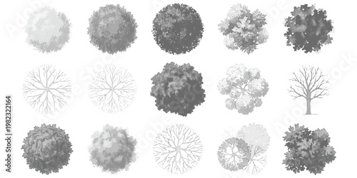 A collection of various top down tree species rendered in a simple grayscale pixel art style.