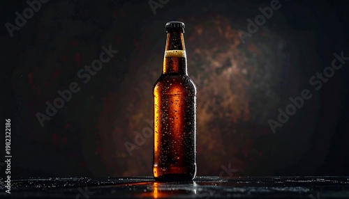 Brown bottle with droplets on a dark, textured backdrop, reflecting light on a wet surface