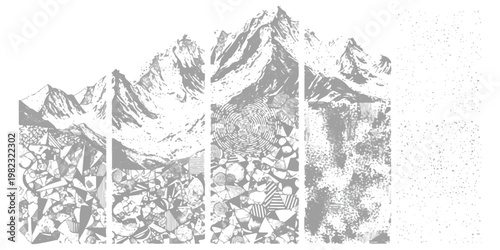 A stylized artistic depiction of a mountainous landscape rendered in four distinct vertical panels