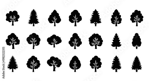 Collection of various tree silhouettes.