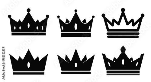 Six black silhouettes of ornate crowns arranged in two horizontal rows