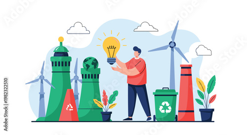 Sustainable energy and green technology concept shows a man holding a bright light bulb amidst eco friendly icons.