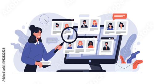 Human resources and recruitment concept shows a woman using a magnifying glass to select candidates on a screen.