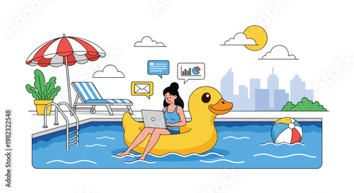 Digital nomad lifestyle features a woman working on a laptop while relaxing on a giant yellow duck float in a pool.
