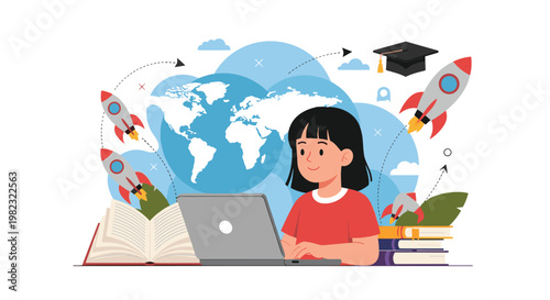 Online learning and global education for children shows a young girl using a laptop with books and flying rockets.