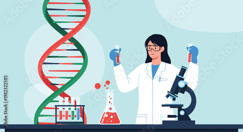 Genetic research and biotechnology concept shows a female scientist working in a laboratory with a large DNA model.