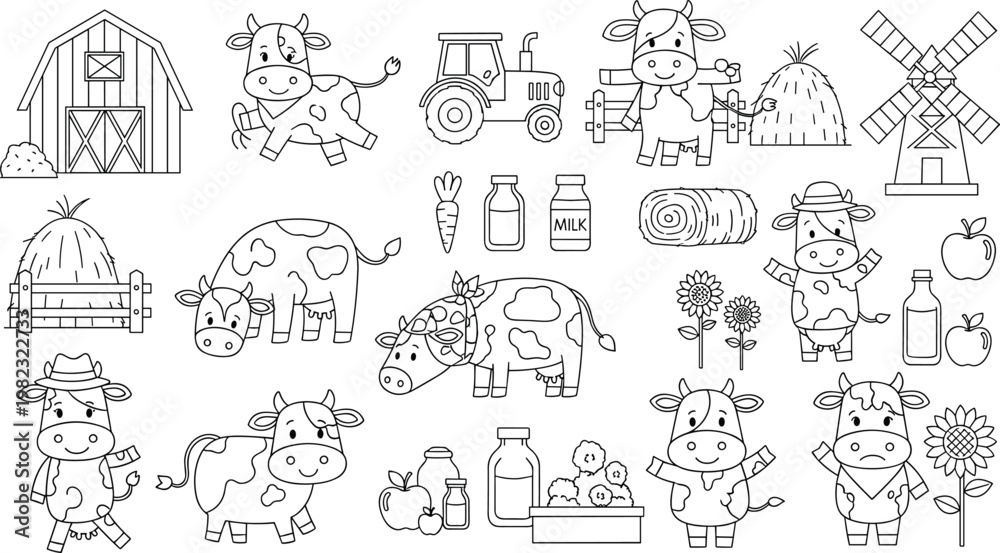 Fototapeta premium Farm and Cow Illustration Icons Set Featuring Barns, Milk Bottles, and Tractor Designs for Websites, Apps, and Digital Media