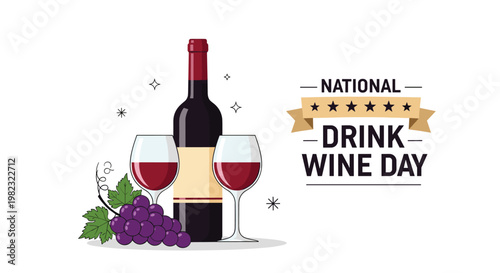 National Drink Wine Day celebration banner features a bottle of red wine, two full glasses, and purple grapes.