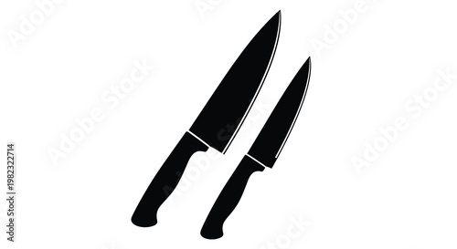 A black and white illustration depicts two kitchen knives of varying sizes positioned diagonally high quality