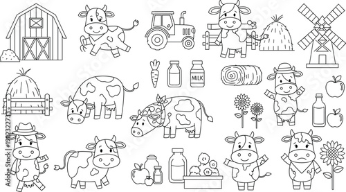Farm and Cow Illustration Icons Set Featuring Barns, Milk Bottles, and Tractor Designs for Websites, Apps, and Digital Media