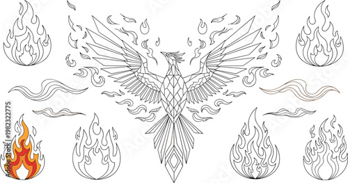 Fiery Phoenix Bird and Flames Illustration Icons Set Featuring Flame Details and Mythical Design for Websites, Apps, and Digital Media