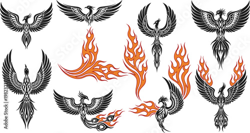 Fiery Phoenix Bird Illustration Icons Set Featuring Flames and Mythical Designs for Websites, Apps, and Digital Media