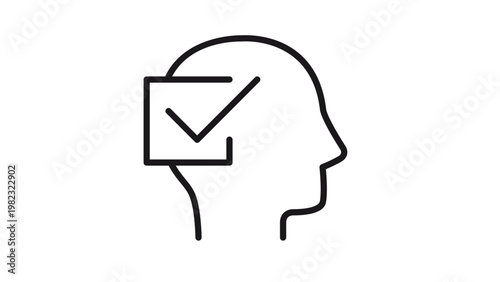 Minimalist black vector icon of a human head profile with a checkmark inside a checkbox, representing decision making, mental clarity, positive thinking, and psychological health illustration.