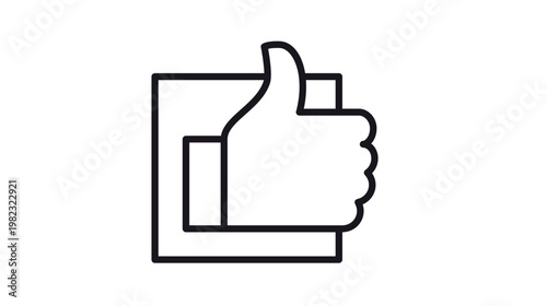 Minimalist black vector icon of a thumbs up hand gesture over a square frame, representing approval, positive feedback, social media like button, and agreement symbol for web and mobile UI design.