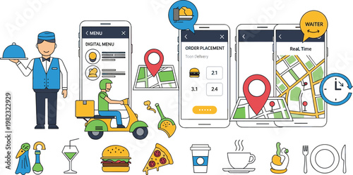 Food Delivery and Mobile Ordering Icons Set Featuring Waiter Service, Digital Menu, and Real-Time Tracking for Websites, Apps, and Digital Media