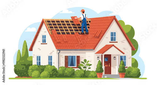 Professional roofing services and house maintenance features a worker installing new tiles on a residential roof.
