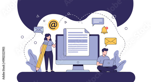 Creative content writing and web design concept features two professionals working together on a digital project.