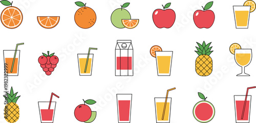 Fruit Juice and Beverage Icons Set Featuring Fresh Orange, Pineapple, Apple, Grape, and Tropical Drinks for Websites, Apps, and Digital Media
