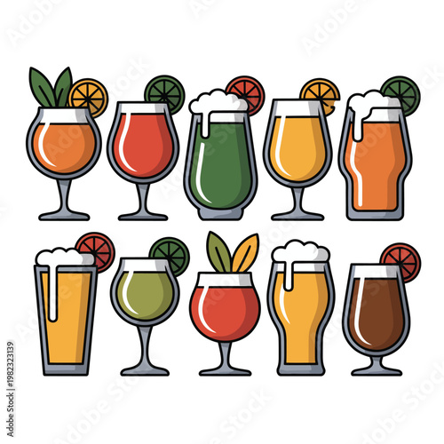 Cocktails with various fruit garnishes are arranged in a neat grid for a menu illustration.