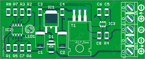 Vector printed circuit board of electronic 
device with components of radio elements, 
conductors and contact pads placed on pcb. 
Engineering technical drawing. Electric background.
