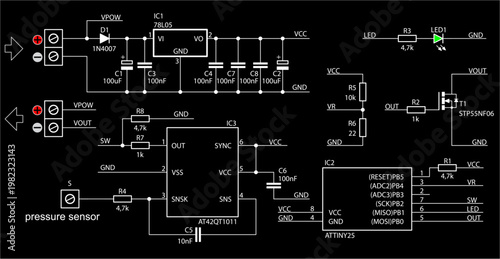 Schematic diagram of electronic device.
Vector drawing electrical circuit with 
integrated circuit, connector,
capacitor, resistor, diode, pressure sensor,
transistor, led indicator, microcontroller.