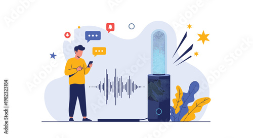 Young man using his mobile phone interacts with a large smart speaker that displays sound waves and digital voice recognition patterns.