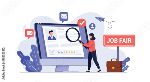 HR professional uses a large magnifying glass to carefully review candidate resumes on a computer screen at a job fair event.