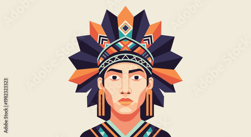 Stylized Portrait of a Native American Man Wearing a Traditional Feathered Headdress.