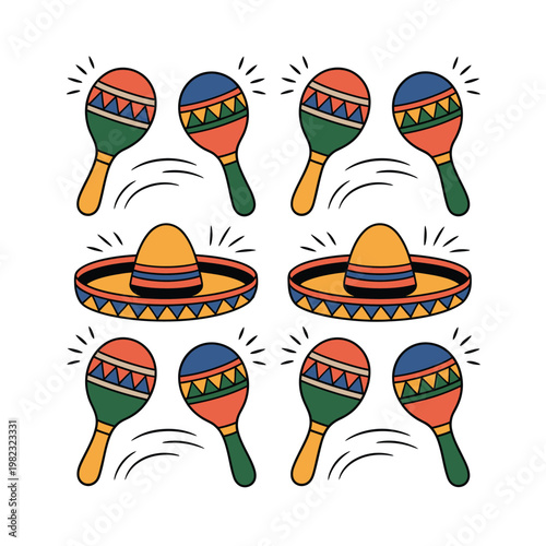Sombreros and maracas arranged in a grid pattern reflect a vibrant and rhythmic musical theme.