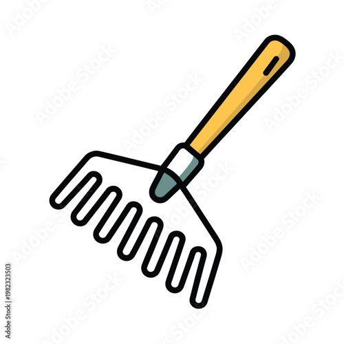 Garden rake with a wooden handle represents a common tool for lawn maintenance and yard care.