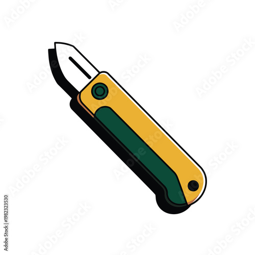 Pocket knife with a yellow and green handle remains closed against a neutral white background.